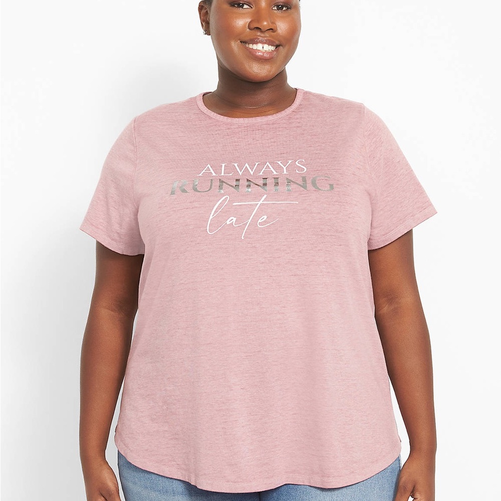 NWT Classic Short-Sleeve Crew-Neck High-Low Hem Always Running Late Graphic Tee